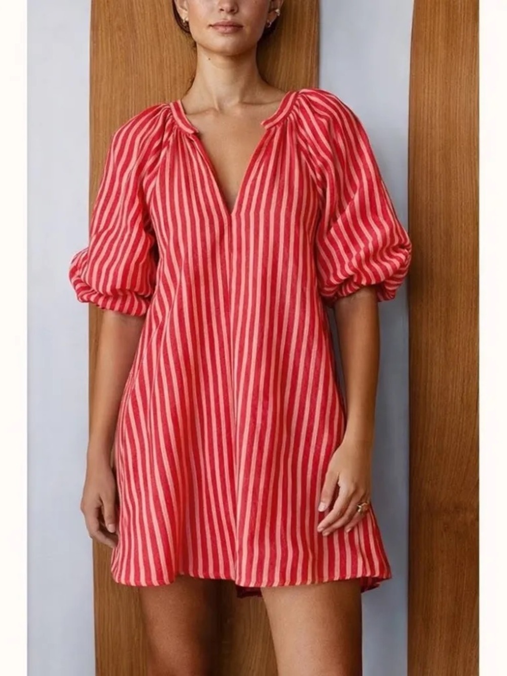 Magaschoni Red and White Striped Puff-Sleeve Tunic Dress